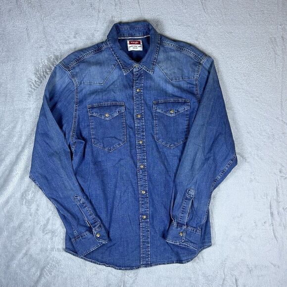Wrangler Western Shirt Mens Large Blue Stretch Chambray Pearl Snap Cowboy - Picture 1 of 9